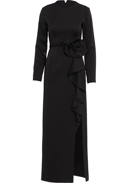 Kemer Kısmı Gül Detaylı Yırtmaçlı Uzun Kollu Siyah Elbise