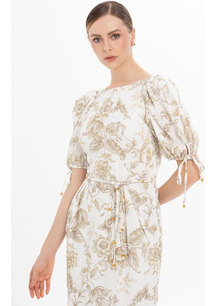 Karpuz Kollu Midi Bej Elbise