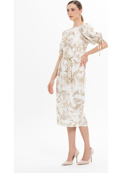 Karpuz Kollu Midi Bej Elbise fiyatları