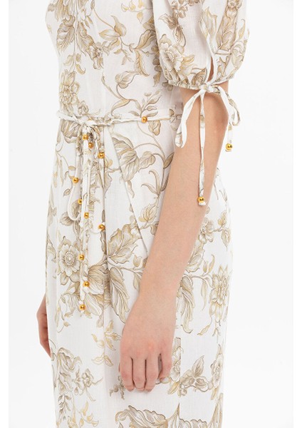 Karpuz Kollu Midi Bej Elbise modelleri