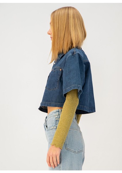 Oversize Crop Fit Sedef Çıtçıtlı Orta Indigo Kadın Jean Ceket fiyatları