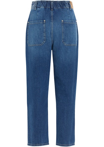 Beli Lastikli Eskitme Efektli Jagron Detaylı Mavi Mom Jean modelleri