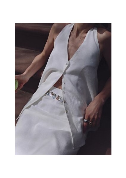 Ekru Serena Bağlamalı Keten Yelek Bluz fiyatları