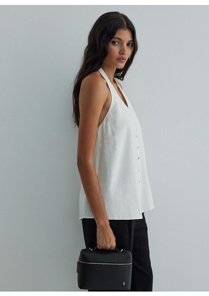 Ekru Serena Bağlamalı Keten Yelek Bluz modelleri