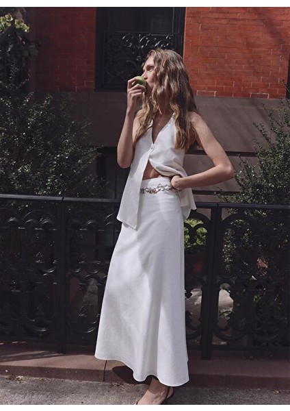 Ekru Serena Bağlamalı Keten Yelek Bluz fırsatları