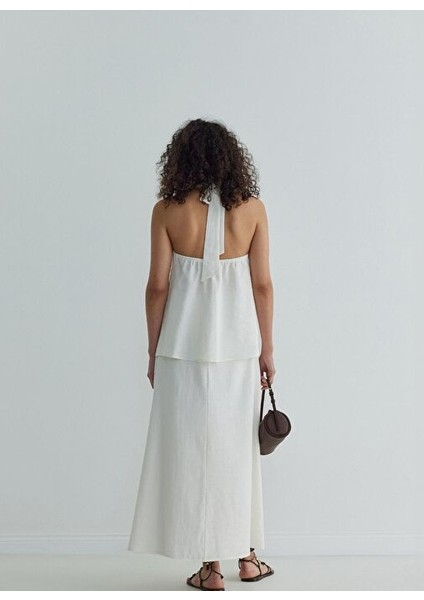 Ekru Serena Bağlamalı Keten Yelek Bluz