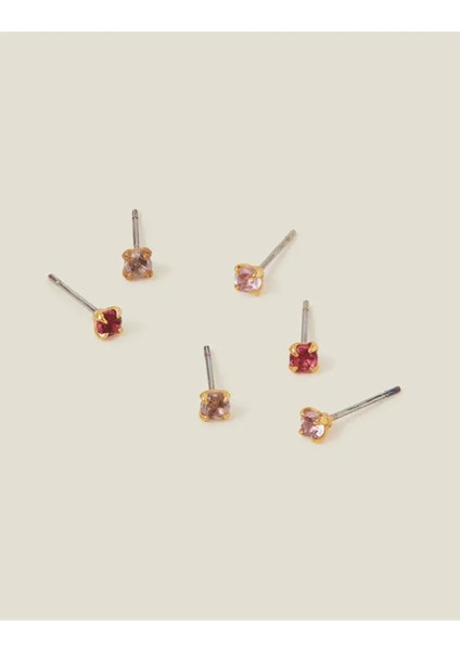 Taşlı Küpe Set x 3 Pembe