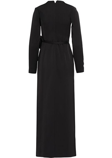 Kemer Kısmı Gül Detaylı Yırtmaçlı Uzun Kollu Siyah Elbise modelleri