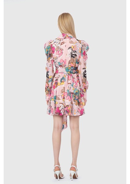 Minik Dantel Şerit Detaylı Uzun Kollu Mini Balon Desenli Şifon Pembe Elbise modelleri