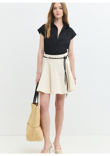 Ruffle Flare Fit Volanlı Piliseli Krem Etek