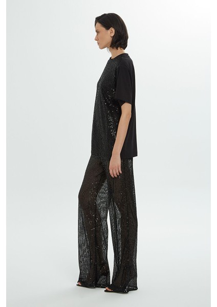 Yuvarlak Yakalı Önü Payetli Kısa Kollu Siyah Bluz fiyatları