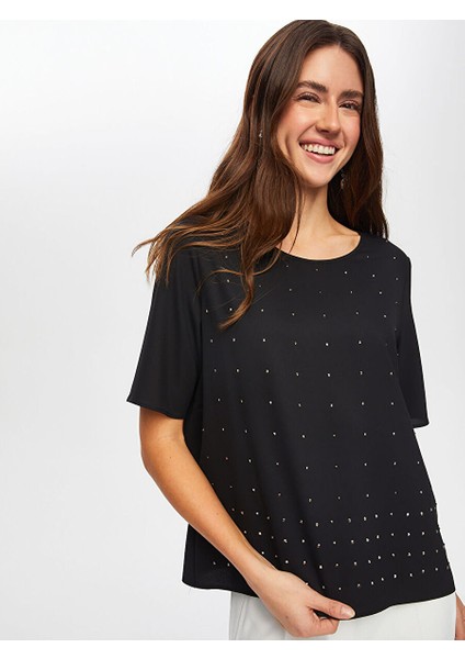 Yuvarlak Yaka Taş Detaylı Kısa Kol Bluz S25BLZ002 fırsatları