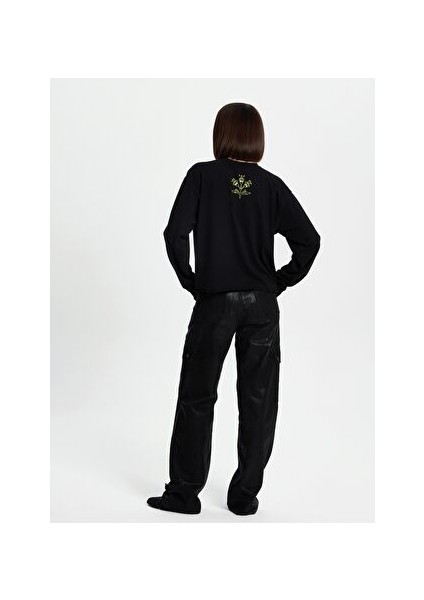 Siyah Yelpaze Baskılı Uzun Kollu T-Shirt