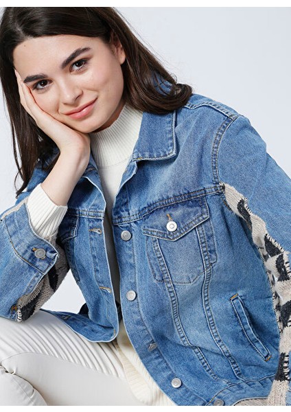 Gömlek Yaka Uzun Kollu Boyfriend Desenli Antrasit Kadın Denim Ceket