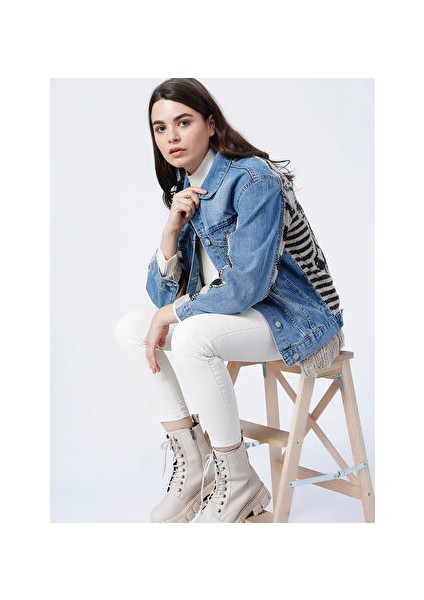 Gömlek Yaka Uzun Kollu Boyfriend Desenli Antrasit Kadın Denim Ceket fiyatları