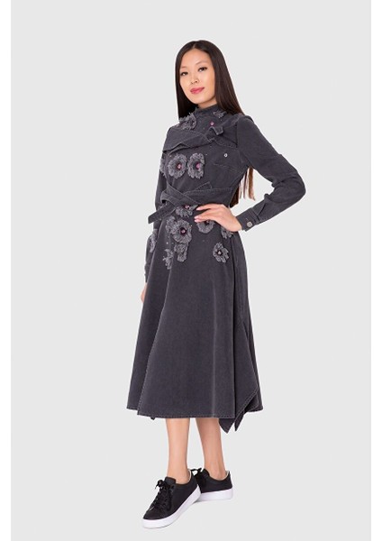 Püskül ve Bağlama Detaylı Siyah Jean Elbise fiyatları