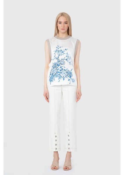 Saten Yüzey Garnili Baskılı Işlemeli Orijinal Bluz