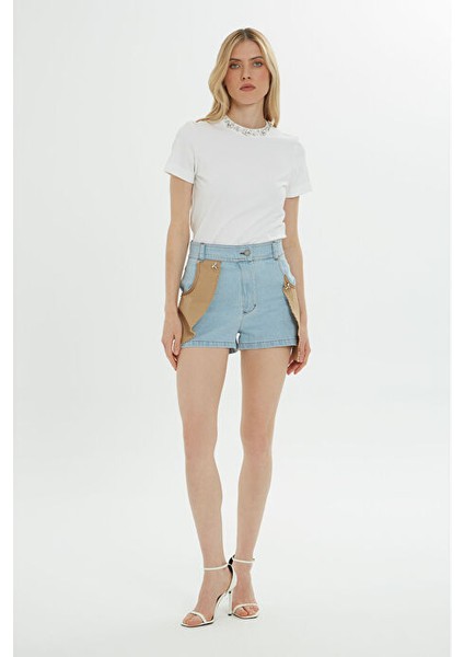 Çift Renkli Mavi Mini Jean Şort
