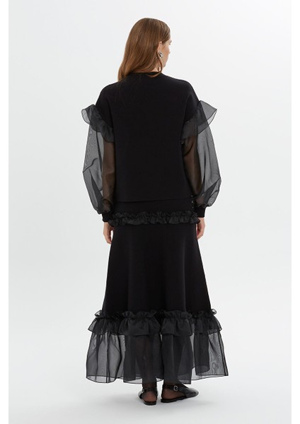 Organze Kol Detaylı Siyah Triko Bluz modelleri