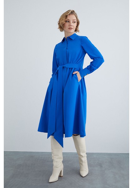 Midi Boy Rahat Kesim Lacivert Pamuk Elbise