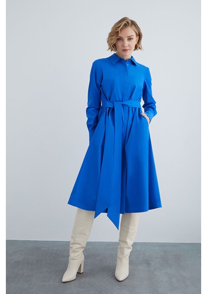 Midi Boy Rahat Kesim Lacivert Pamuk Elbise fiyatları