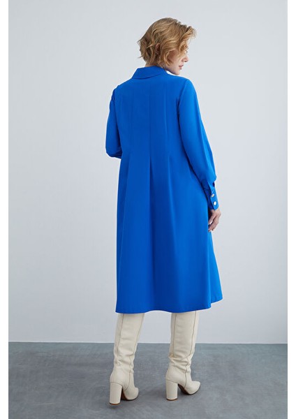 Midi Boy Rahat Kesim Lacivert Pamuk Elbise modelleri