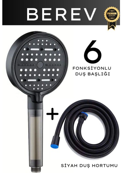 6 Fonksiyonlu Filtreli Duş Başlığı 150 cm Siyah Duş Hortumu Su Tasarruflu Basınçlı Kireç Klor Önleyici