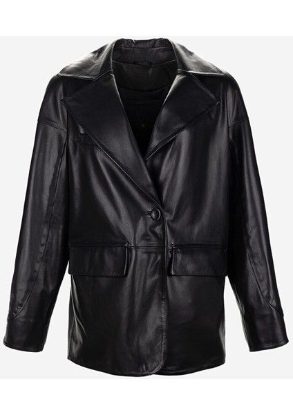 Kadın Siyah Hakiki Deri Deri Mont