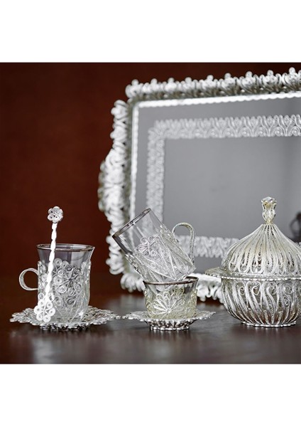 Zarafet Gümüş Kaplama 90ML 12PARÇA 6kişilik Kulplu Trabzon El Işçiliği Telkari Çay Takımı fiyatları