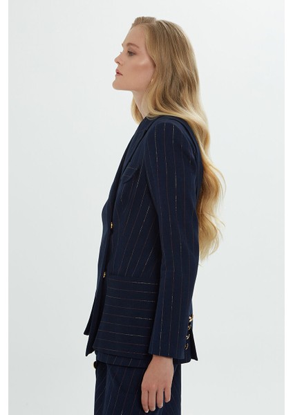 Kolları Gold Düğme Detaylı Kruvaze Çizgili Lacivert Ceket fiyatları