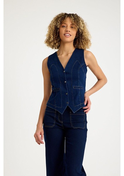 Koyu Indigo Mavi Denim Yelek