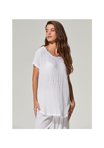 Geniş Yaka Düz Beyaz Kadın Bluz WBN3295-L