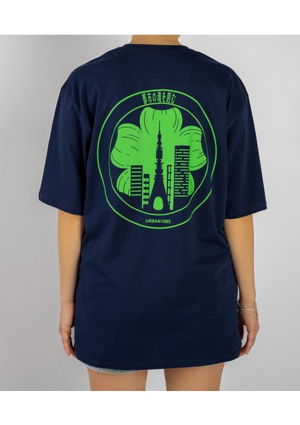 Unisex - Tokyo Skyline Lacivert Oversize Tişört