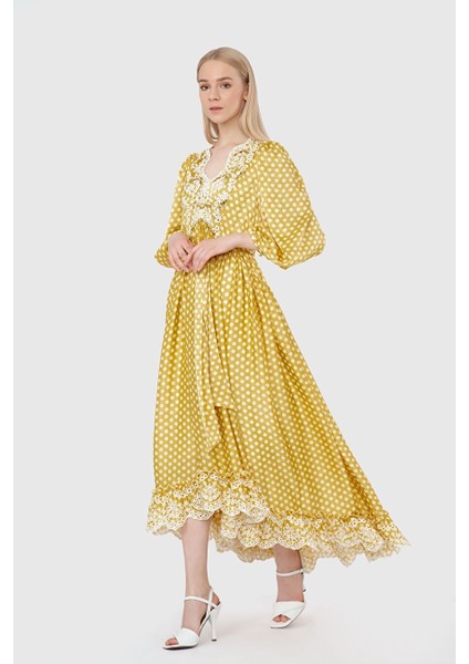 Kroşeta Dantel Işlemeli Puantiye Sarı Elbise fiyatları