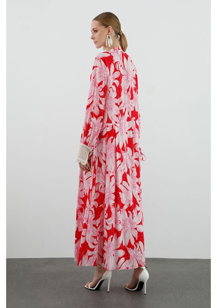 Dantel Detaylı Belden Pileli Uzun Kollu Uzun Kırmızı Elbise indirimleri