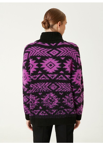 Dik Yaka Regular Fit Desenli Siyah - Fuşya Kazak Kadın TR-490 indirimleri