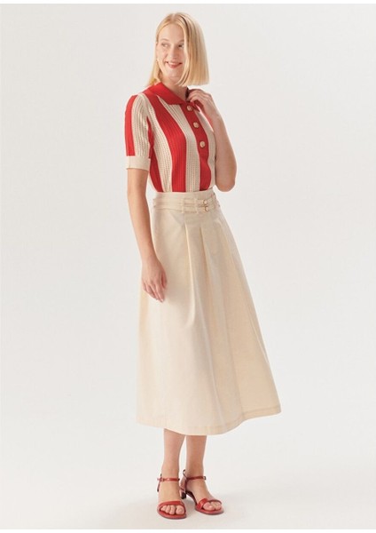 Çift Ince Kemer Detaylı Midi Boy Bej Etek