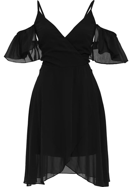 Siyah Sifon Kısa Kol Kısa Elbise