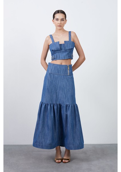 Fermuar Detaylı Lacivert Uzun Etek fiyatları