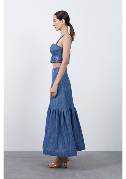 Fermuar Detaylı Lacivert Uzun Etek modelleri