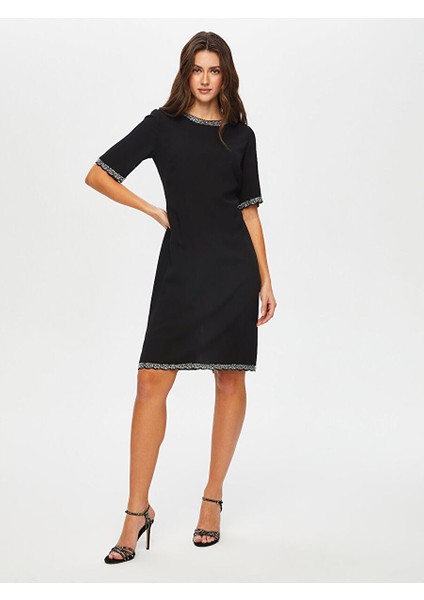 Dilim Taş Detaylı Kısa Kol Yuvarlak Yaka Abiye Elbise 014