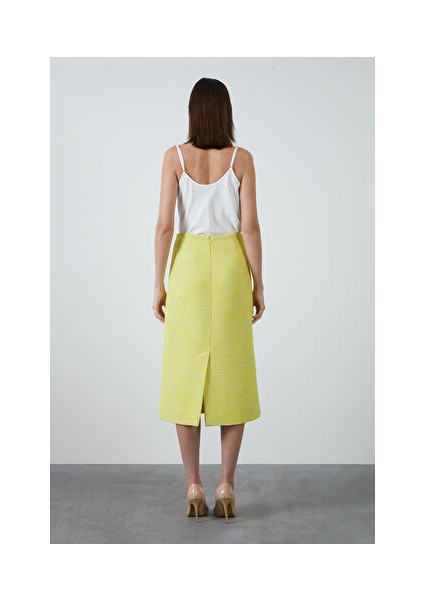 Arkası Yırtmaçlı Midi Tüvit Kumaş Sarı Etek modelleri