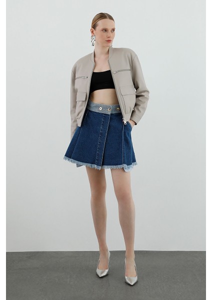 Hakim Yakalı Uzun Kollu Kısa Bomber Deri Bej Ceket