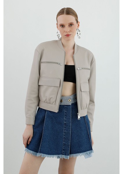 Hakim Yakalı Uzun Kollu Kısa Bomber Deri Bej Ceket modelleri