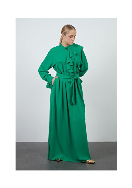 Işleme Detaylı Volanlı Yeşil Elbise fiyatları
