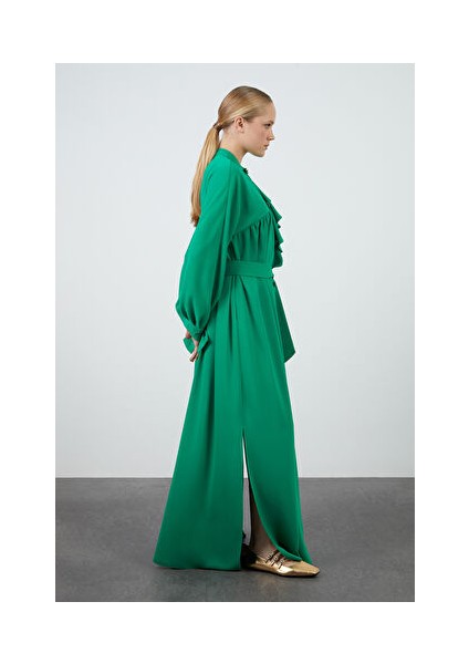 Işleme Detaylı Volanlı Yeşil Elbise modelleri
