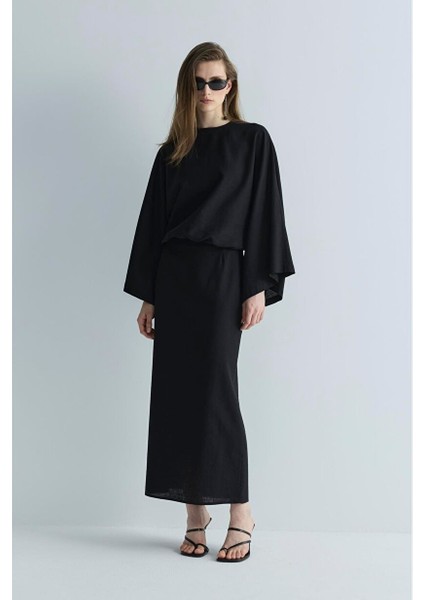 Siyah Jaylen Düz Kesim Keten Etek
