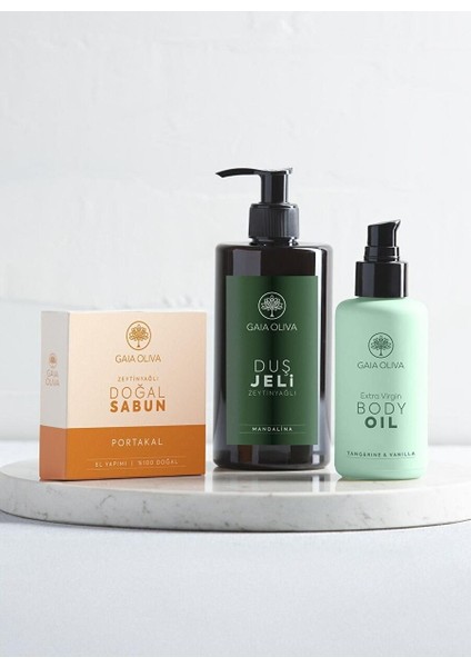 3'lü Vücut Bakım Seti - Mandalinalı ve Zeytinyağlı Duş Jeli, Portakallı ve Zeytinyağlı Katı Sabun Il