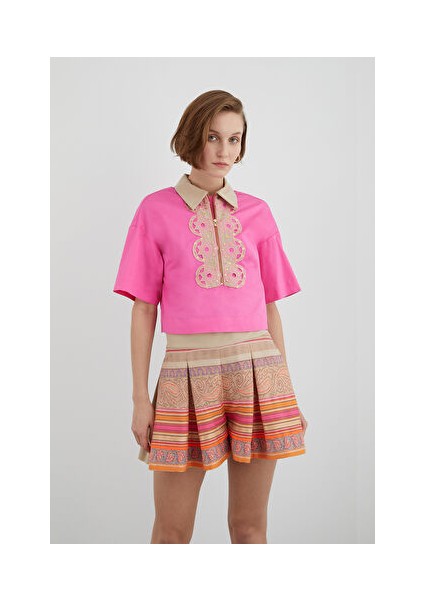 Nakış Detaylı Önden Fermuarlı Pembe Pamuklu Gömlek fiyatları