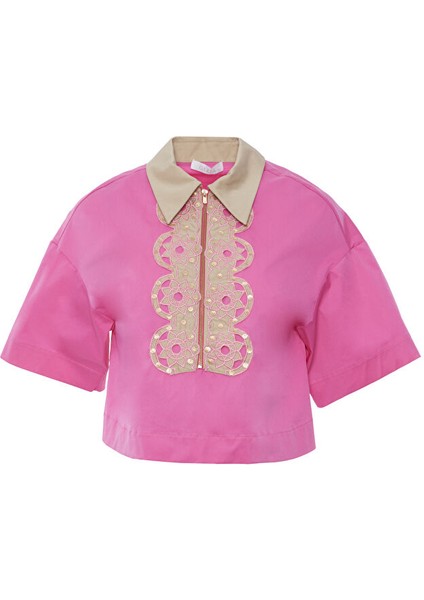 Nakış Detaylı Önden Fermuarlı Pembe Pamuklu Gömlek fırsatları
